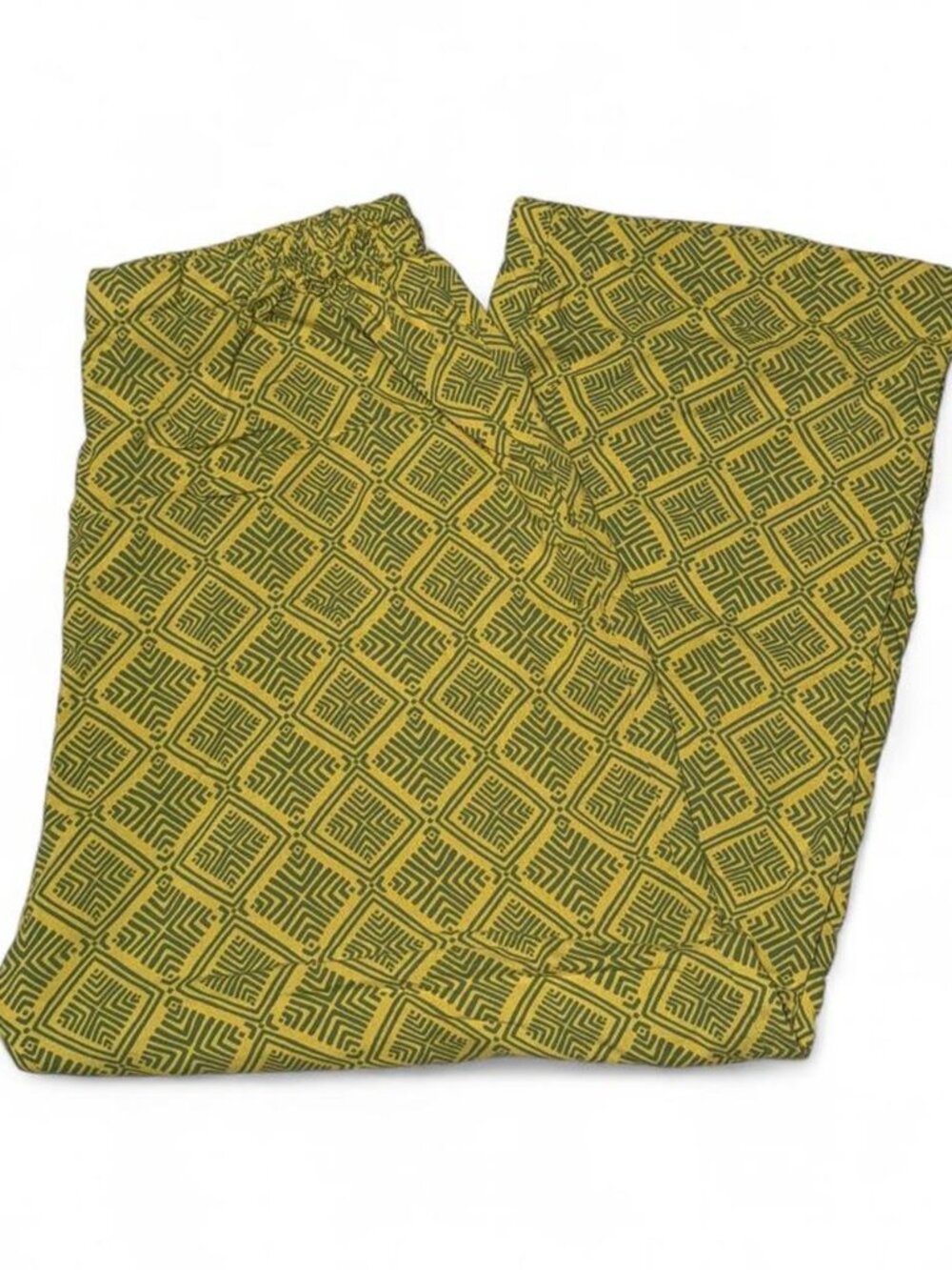 Vintage Mustard Yellow Geometric Print Wide Leg Pants Elastic Waist High Rise XL